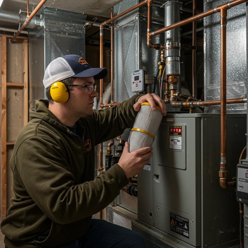 HVAC technician carefully examining a furnace, highlighting the process of identifying issues like no heat or strange noises