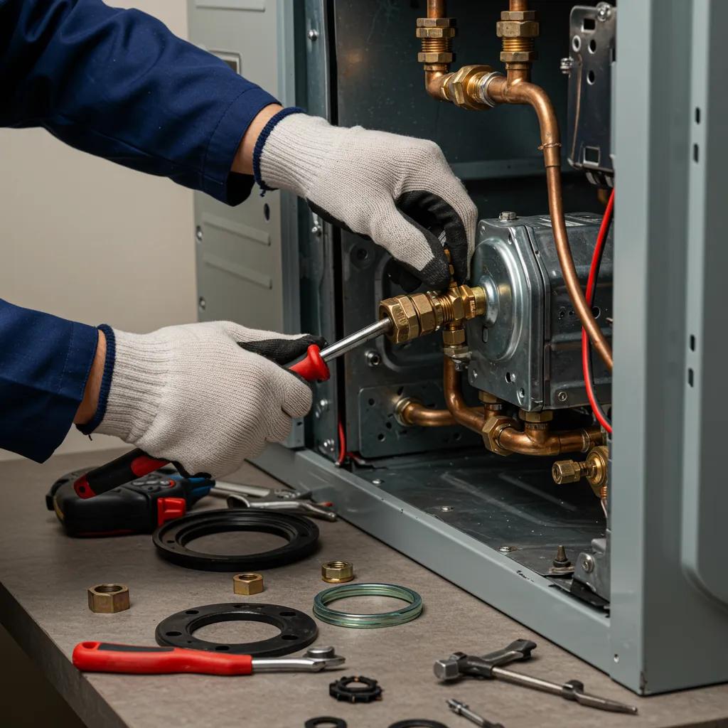 Technician performing routine maintenance on a furnace, illustrating the value of preventative maintenance plans