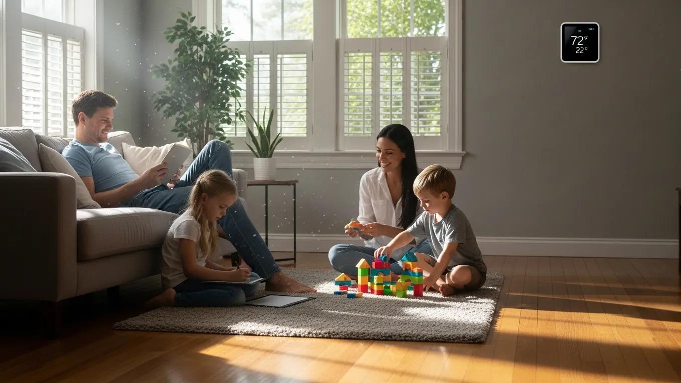 Get Ready for Summer: Spring AC Tune-Up Checklist 1 Family enjoying a cool indoor environment with a visible thermostat