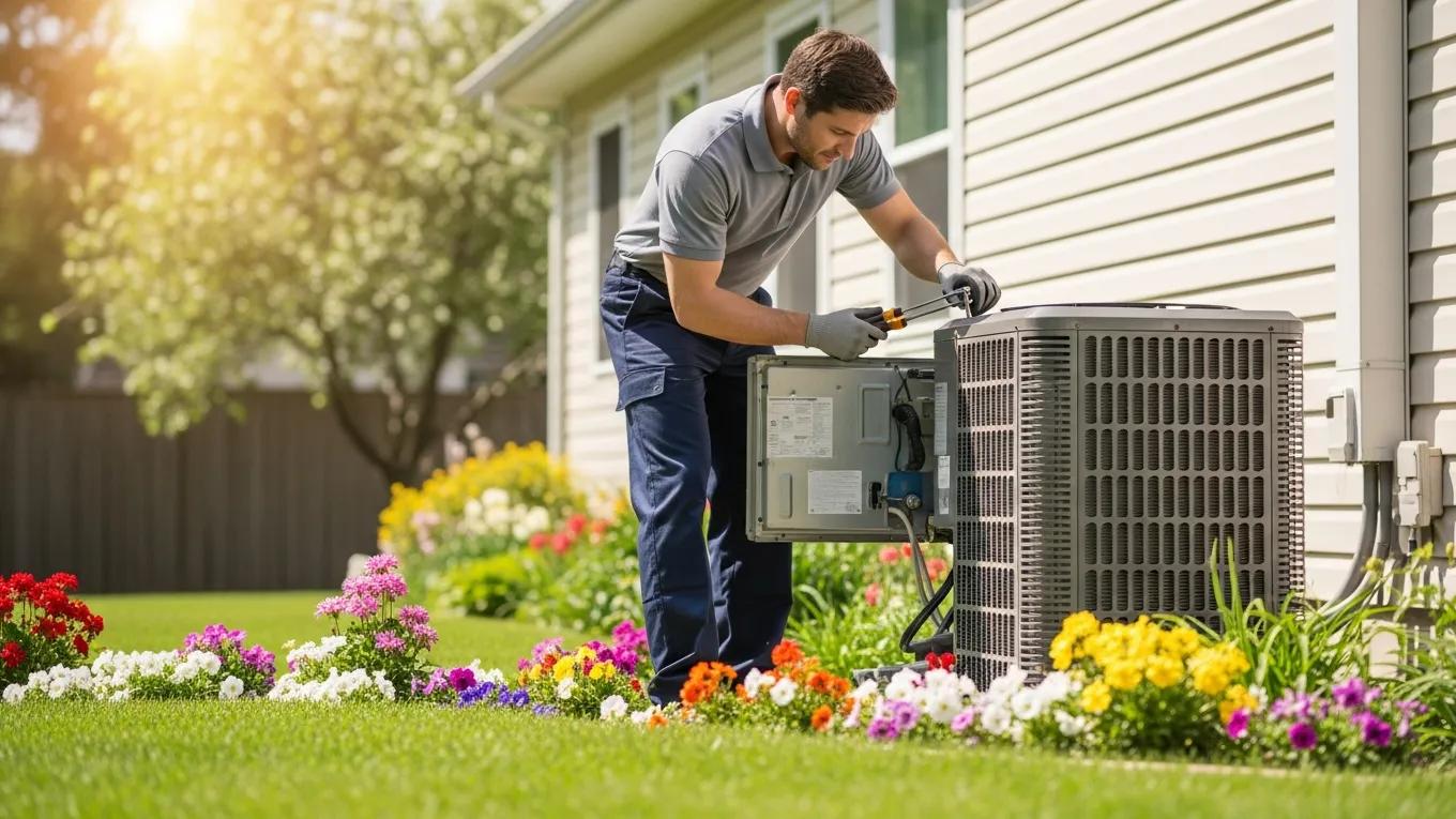 Technician performing a spring AC tune-up in a sunny backyard